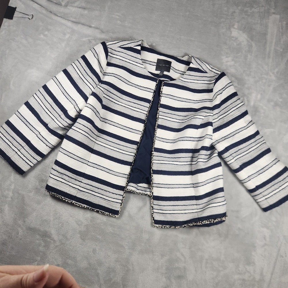 The Limited‎ Blazer Women's Size 14 Blue Striped Tweed Open Front Jacket Career